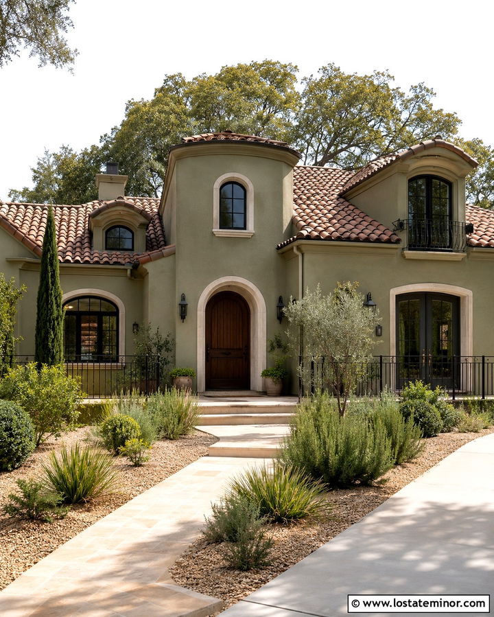 Olive Green Stucco House With Terracotta Dormers - 30 Olive Green House Design With Dormers Ideas