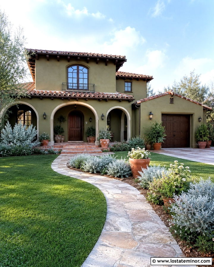 Olive Green Stucco House With Terracotta Porch - 30 Olive Green House Design With Front Porch Ideas