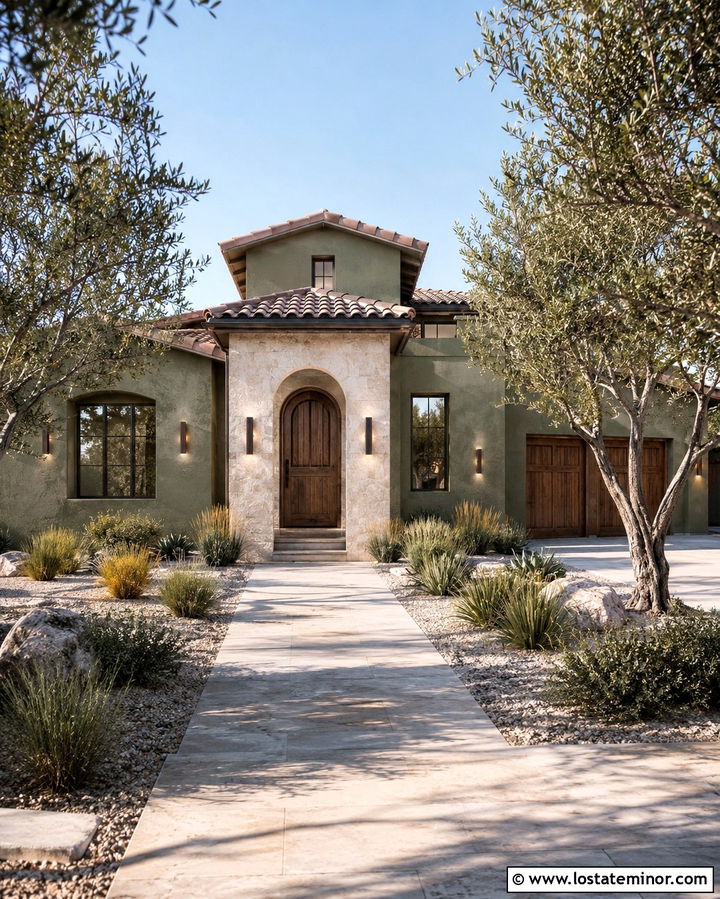 Olive Green Stucco House With Up And Down Lights - 30 Olive Green House Design With Lighting Ideas