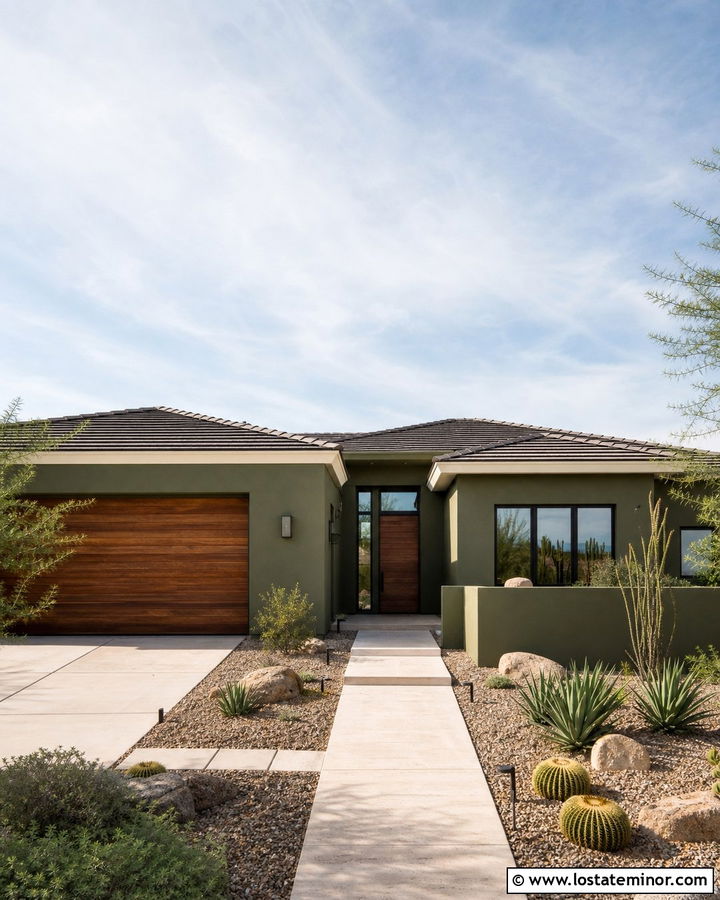 Olive Green Stucco With Wood Garage Doors - 30 Olive Green House Design With Accents Ideas