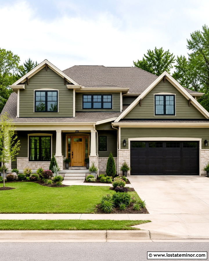 Olive Green Suburban House With Black Windows And Garage - 30 Olive Green House Design With Window Frames Ideas