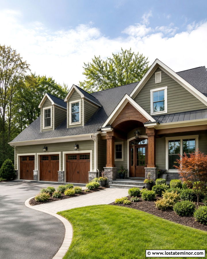 Olive Green Suburban House With Garage Dormers - 30 Olive Green House Design With Dormers Ideas