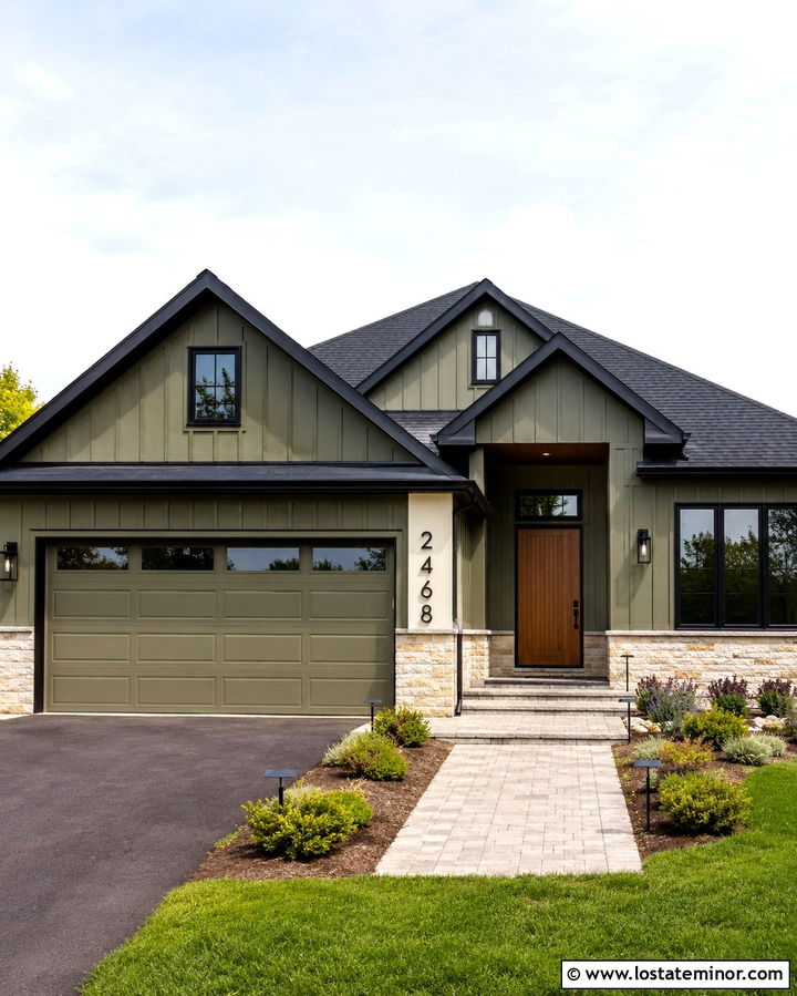 Olive Green Suburban House With Garage House Numbers - 30 Olive Green House Design With House Numbers Ideas