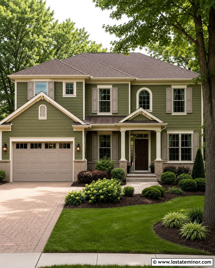 Olive Green Suburban House With Greige Shutters - 30 Olive Green House Design With Shutters Ideas