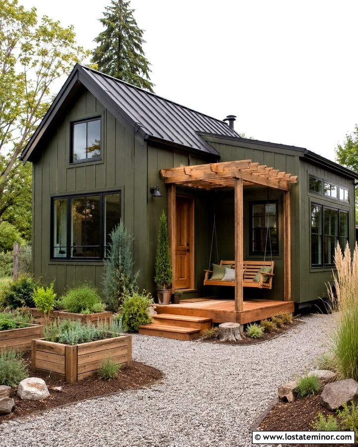 Olive Green Tiny House With Pergola Swing - 30 Olive Green House Design With Swing Ideas