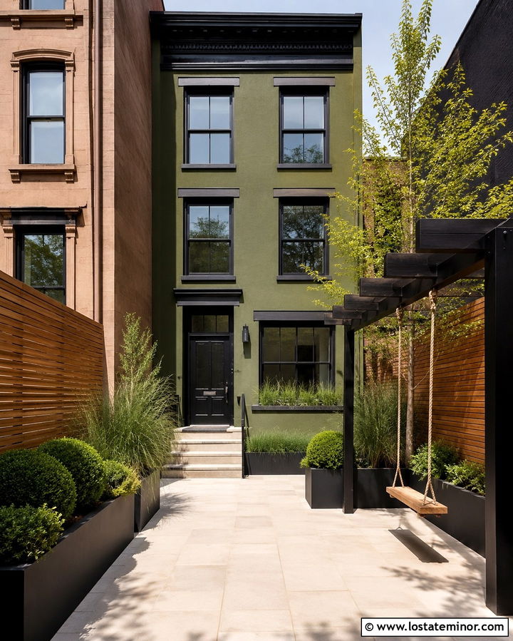 Olive Green Townhouse With Courtyard Swing - 30 Olive Green House Design With Swing Ideas