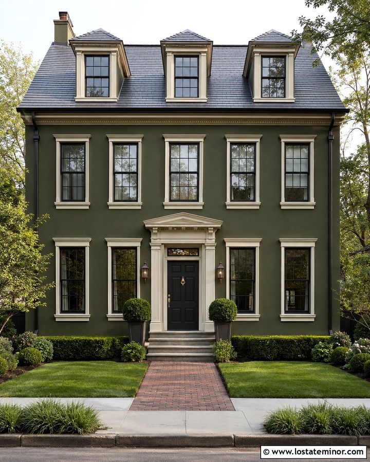 Olive Green Townhouse With Entry Sconces - 30 Olive Green House Design With Lighting Ideas