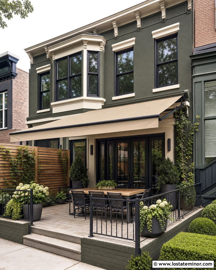 Olive Green Townhouse With Retractable Awning - 30 Olive Green House Design With Awning Ideas