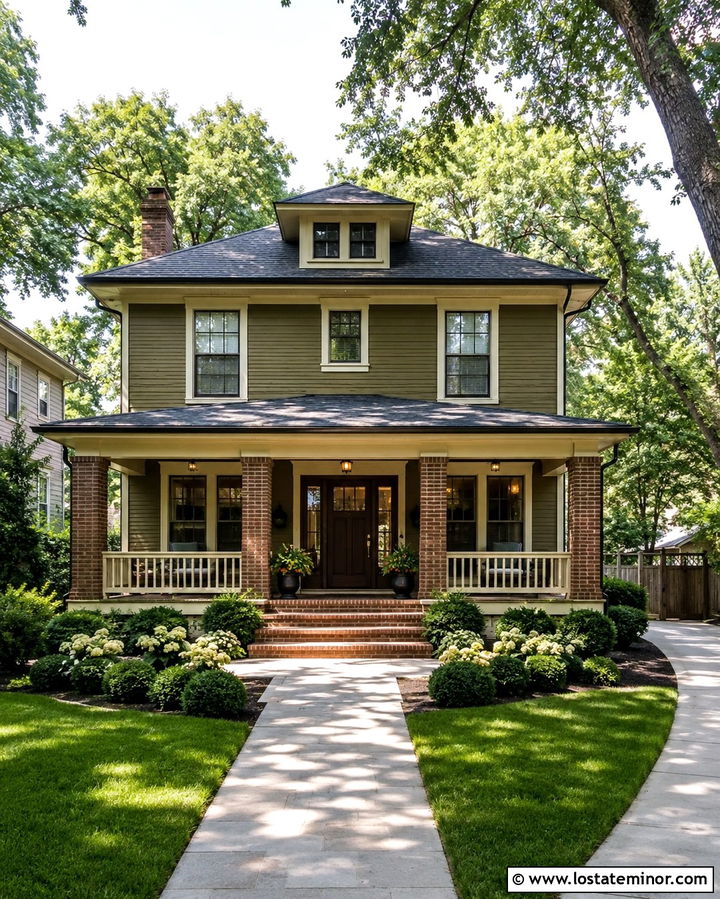 Olive Green Traditional House With Brick Porch Columns - 30 Olive Green House Design With Front Porch Ideas