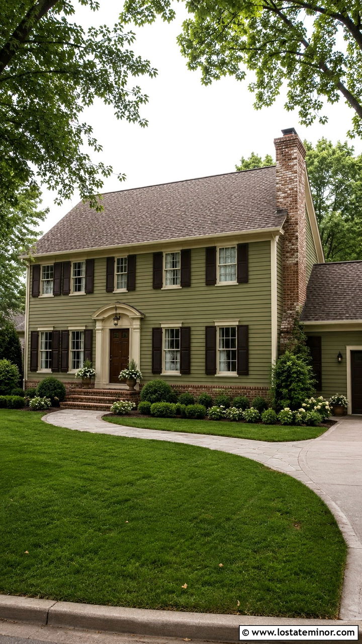 Olive Green Traditional House With Brown Roof - 30 Olive Green House Design With Chimney Ideas