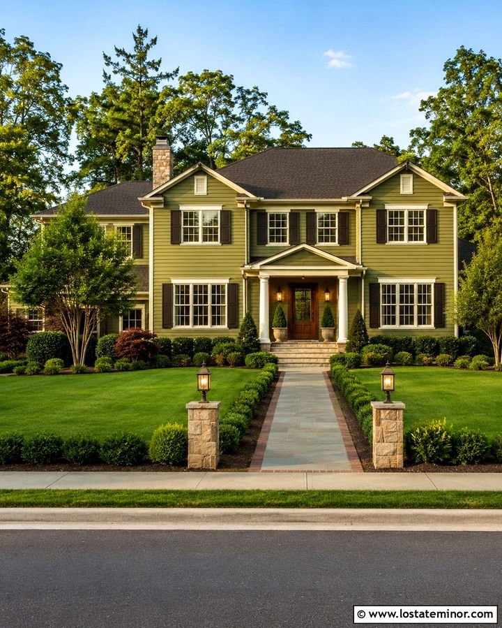 Olive Green Traditional House With Post Lights - 30 Olive Green House Design With Light Fixtures Ideas