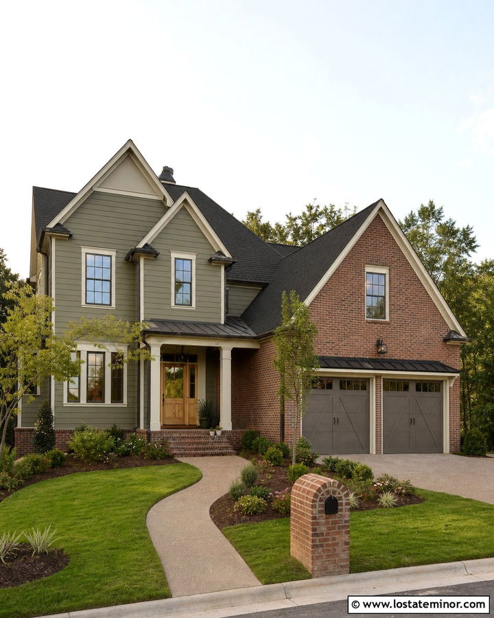 Olive Green Transitional House With Brick Wing - 30 Olive Green House Design With Brick Accents Ideas