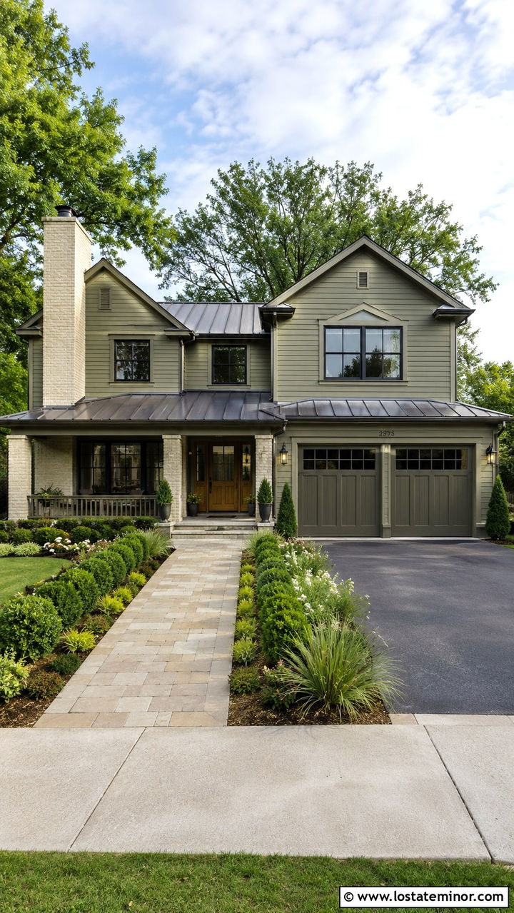 Olive Green Transitional House With Cream Brick Chimney - 30 Olive Green House Design With Chimney Ideas