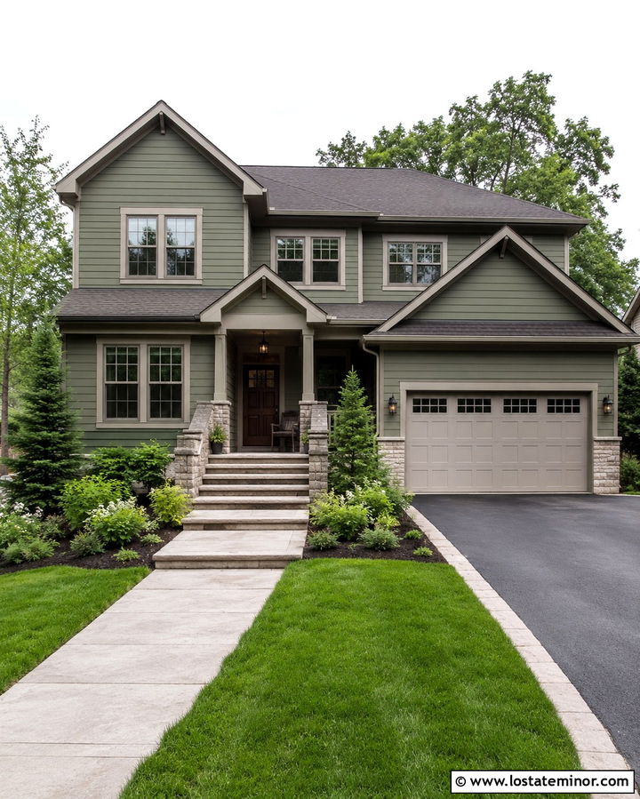 Olive Green Transitional House With Greige Window Frames - 30 Olive Green House Design With Window Frames Ideas