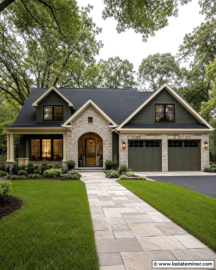 Olive Green Transitional House With Stone Arch - 30 Olive Green House Design With Stone Accents Ideas