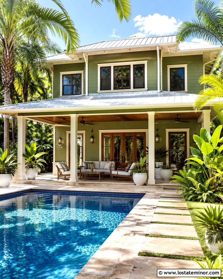 Olive Green Tropical House With Palm Pool - 30 Olive Green House Design With Swimming Pool Ideas