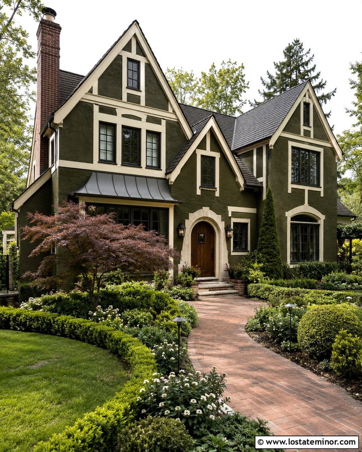 Olive Green Tudor House With Brick Walkway - 30 Olive Green House Design With Front Yard Ideas