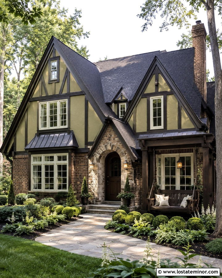 Olive Green Tudor House With Canopy Swing - 30 Olive Green House Design With Swing Ideas