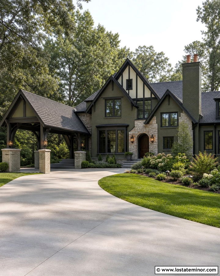 Olive Green Tudor House With Carport - 30 Olive Green House Design With Carport Ideas