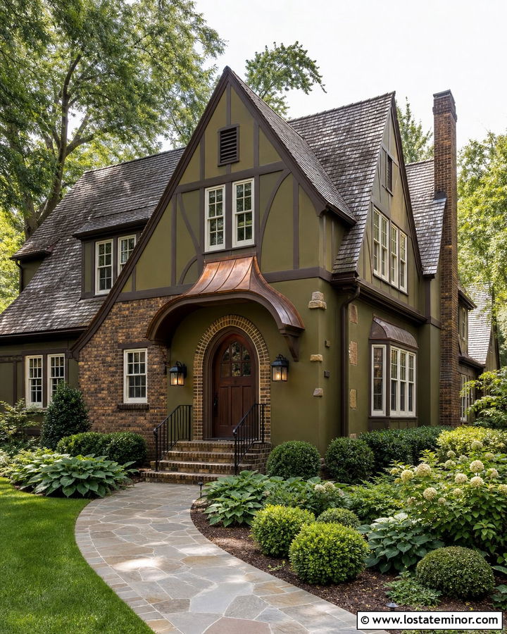 Olive Green Tudor House With Copper Awning - 30 Olive Green House Design With Awning Ideas