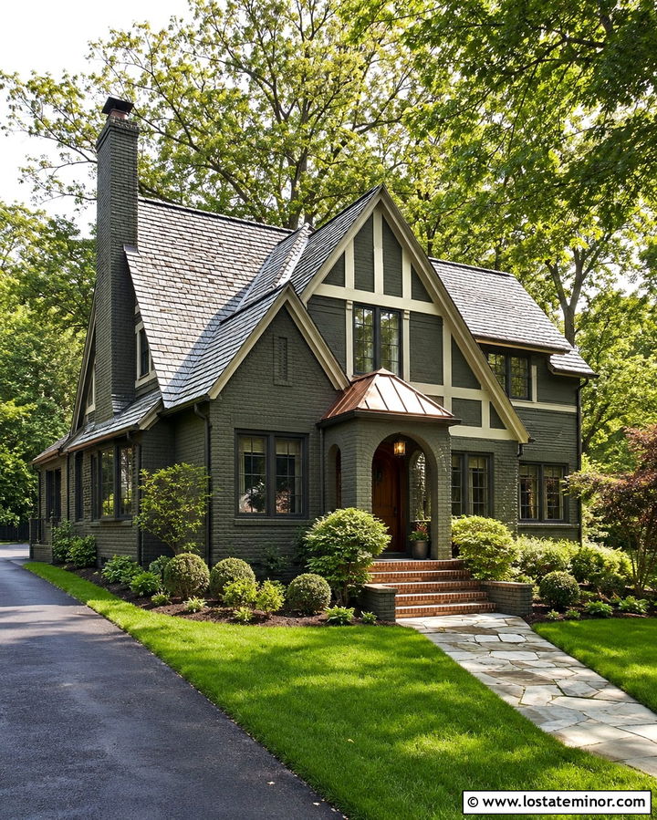Olive Green Tudor House With Copper Porch Roof - 30 Olive Green House Design With Front Porch Ideas