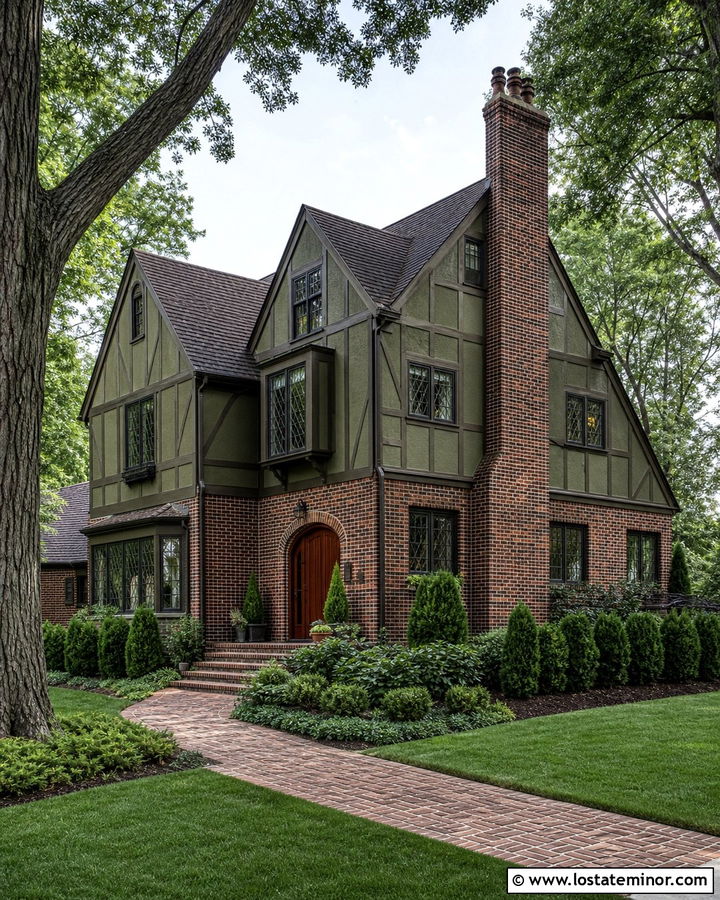 Olive Green Tudor House With Dark Brick - 30 Olive Green House Design With Brick Accents Ideas