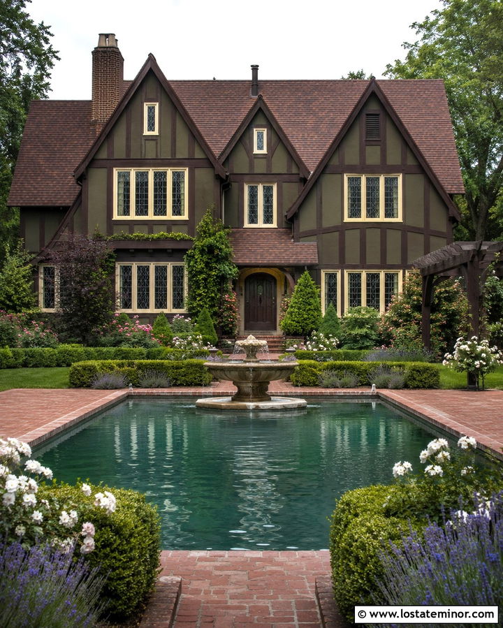 Olive Green Tudor House With Garden Pool - 30 Olive Green House Design With Swimming Pool Ideas