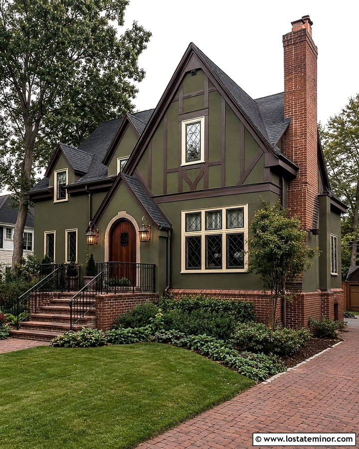 Olive Green Tudor House With Iron Railings - 30 Olive Green House Design With Railings Ideas
