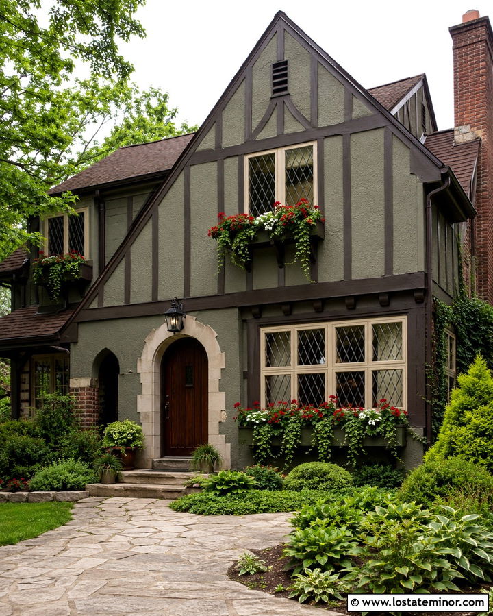 Olive Green Tudor House With Iron Window Boxes - 30 Olive Green House Design With Window Boxes Ideas