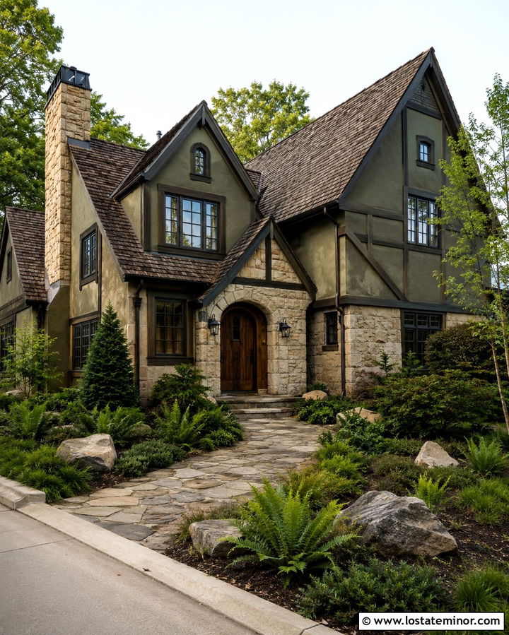 Olive Green Tudor House With Pewter Lights - 30 Olive Green House Design With Light Fixtures Ideas