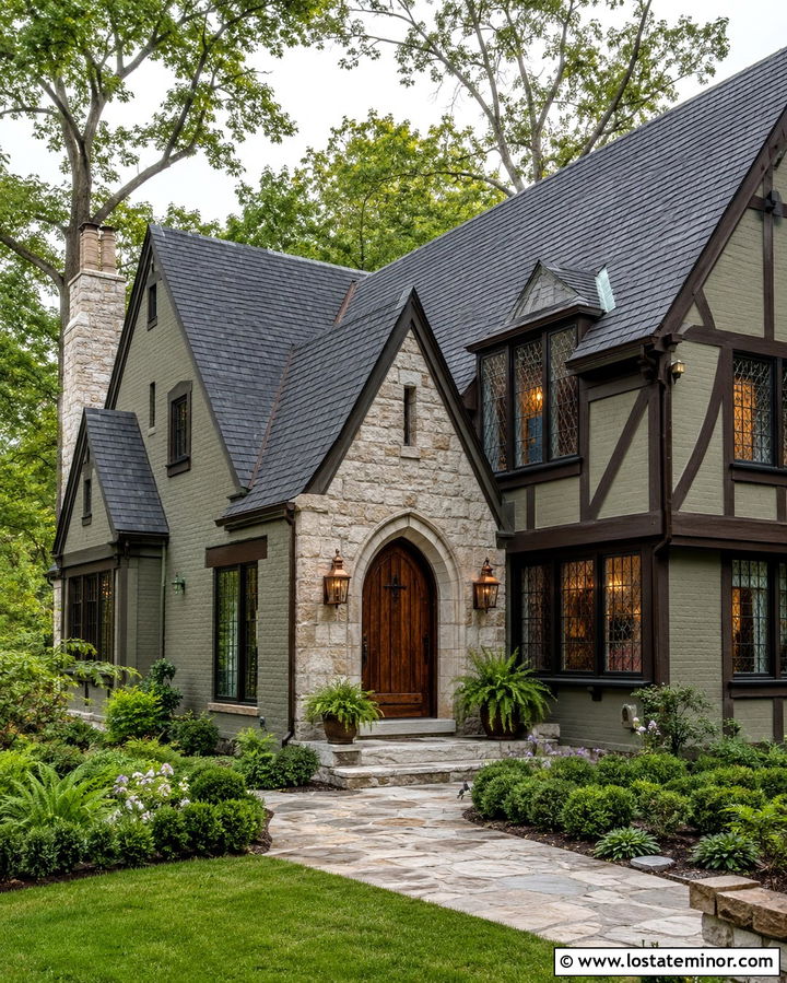 Olive Green Tudor House With Stone Portico - 30 Olive Green House Design With Portico Ideas
