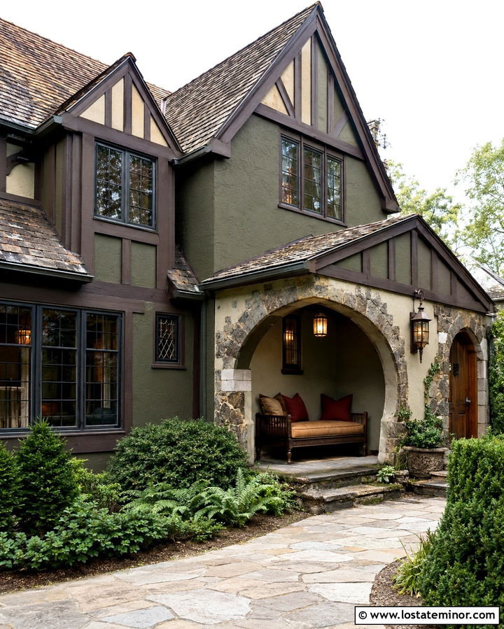 Olive Green Tudor With Arched Porch Daybed - 30 Olive Green House Design With Daybed Ideas