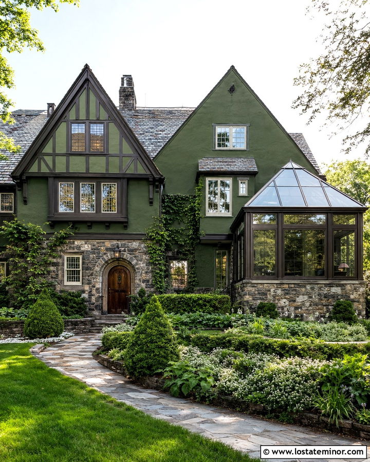Olive Green Tudor With Bronze Sunroom - 30 Olive Green House Design With Sunroom Ideas