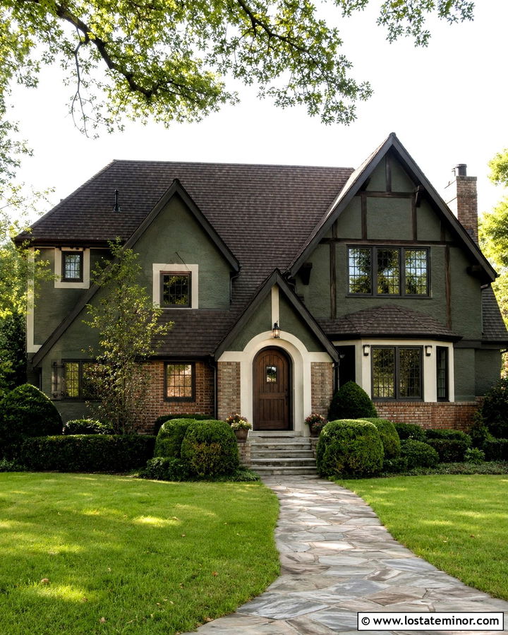Olive Green Tudor With Brown Shingles - 30 Olive Green House Design With Shingles Ideas