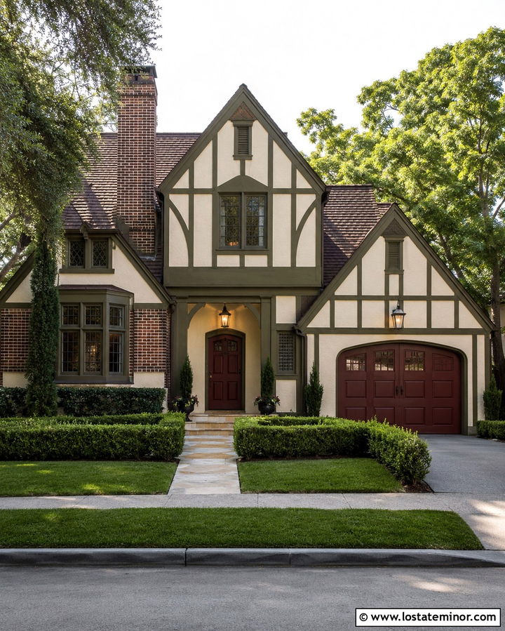Olive Green Tudor With Burgundy Garage Door - 30 Olive Green House Design With Garage Door Ideas