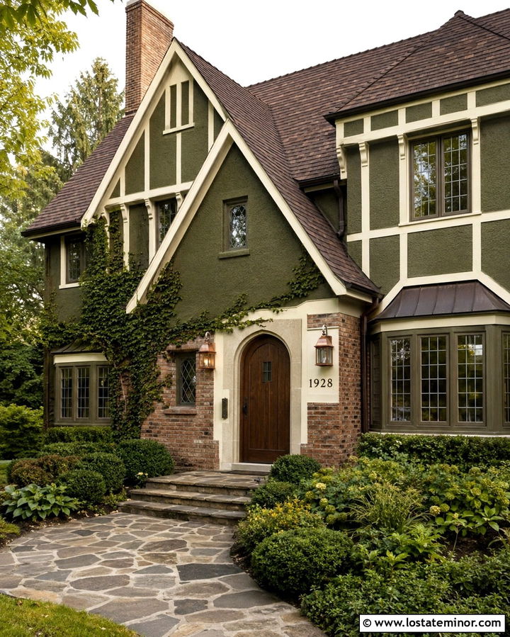 Olive Green Tudor With Copper House Numbers - 30 Olive Green House Design With House Numbers Ideas