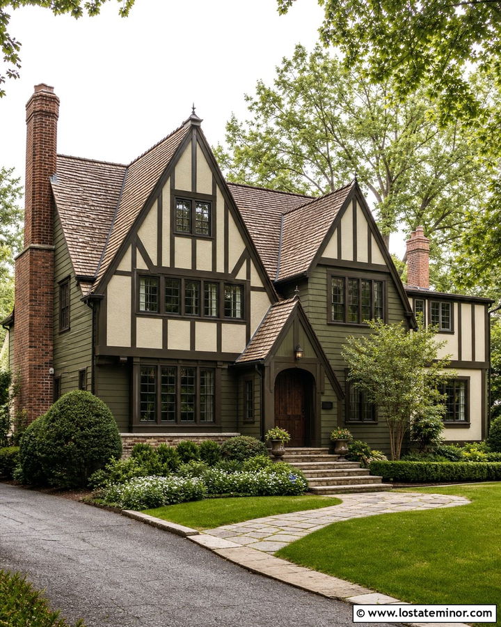 Olive Green Tudor With Dark Brown Beams - 30 Olive Green House Design With Accents Ideas