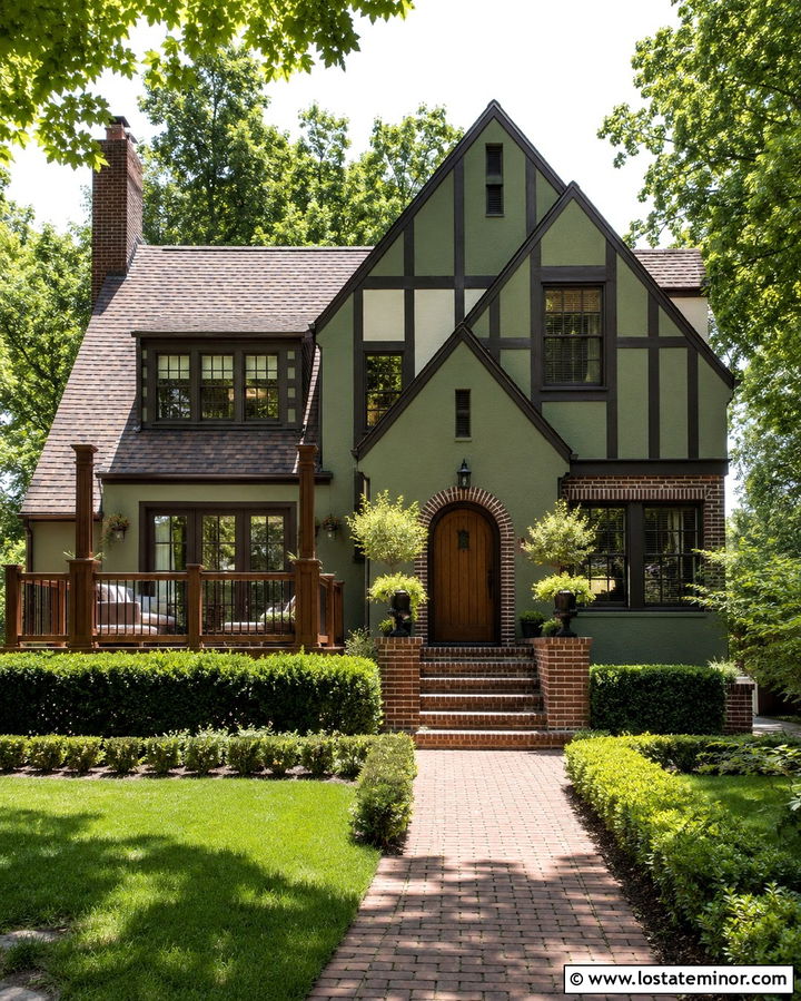 Olive Green Tudor With Dark Wood Deck - 30 Olive Green House Design With Deck Ideas
