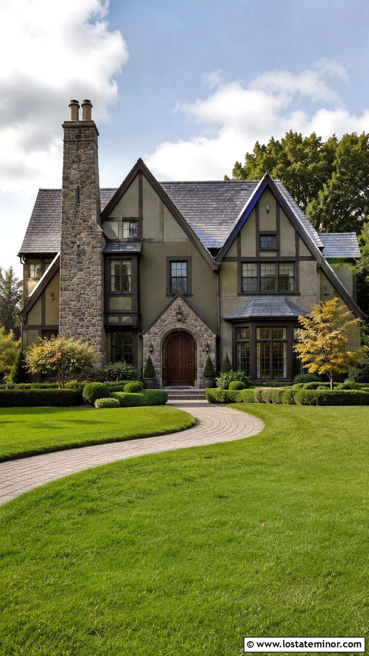 Olive Green Tudor With Gray Stone Chimney - 30 Olive Green House Design With Chimney Ideas