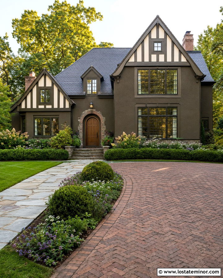 Olive Green Tudor With Herringbone Driveway - 30 Olive Green House Design With Driveway Ideas