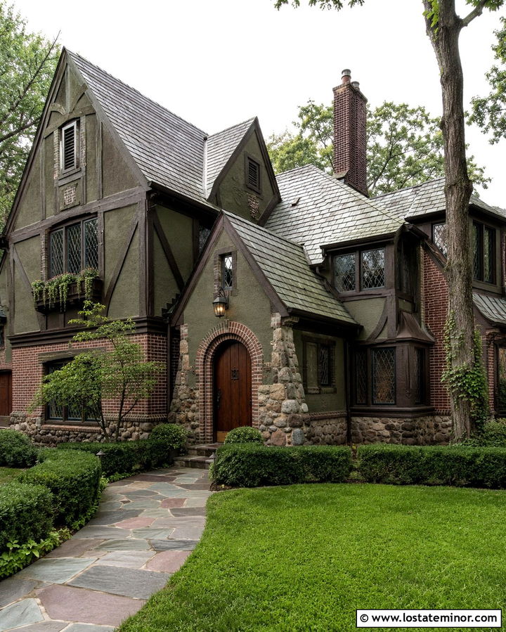 Olive Green Tudor With Leaded Glass Lanterns - 30 Olive Green House Design With Lighting Ideas