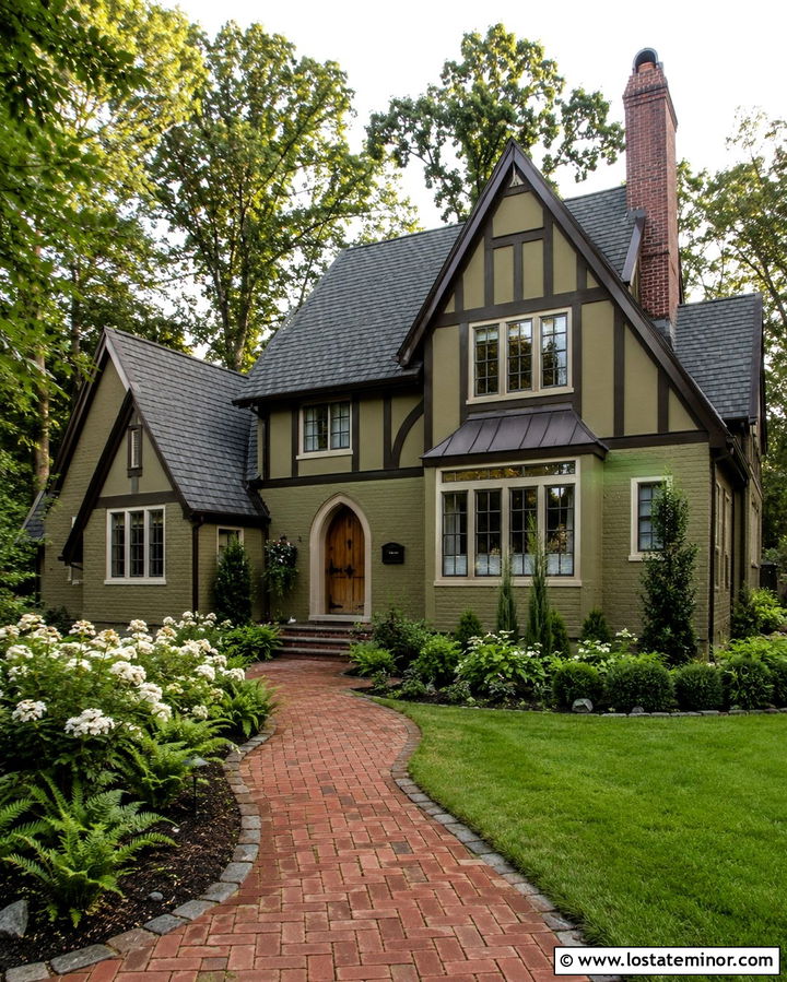 Olive Green Tudor With Red Brick Walkway - 30 Olive Green House Design With Walkway Ideas