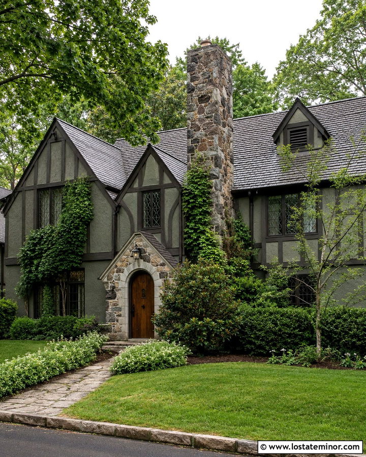 Olive Green Tudor With Stone Chimney - 30 Olive Green House Design With Stone Accents Ideas