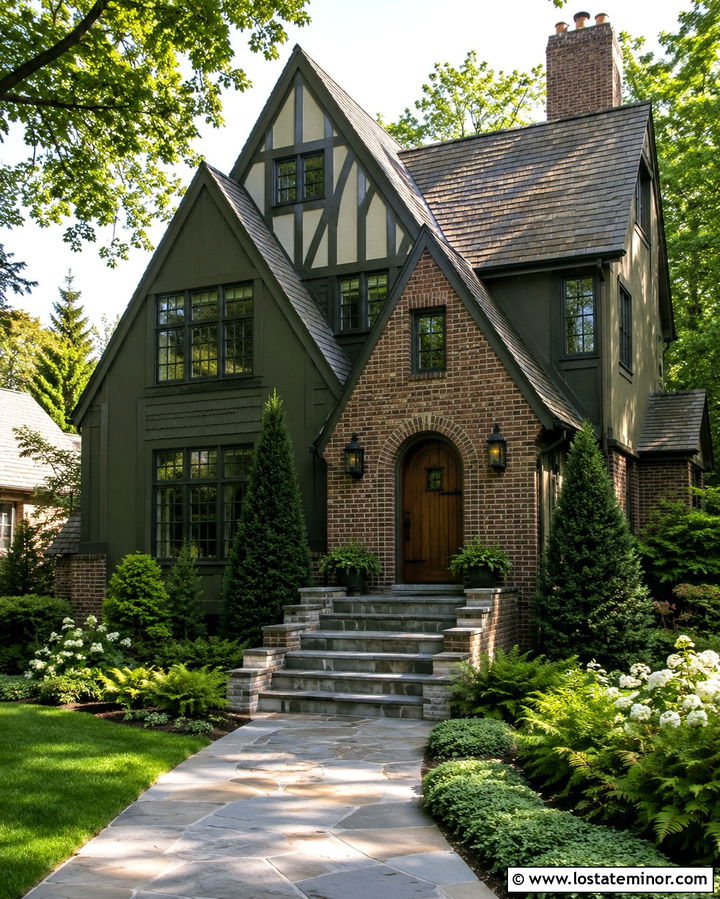 Olive Green Tudor With Stone Entry Steps - 30 Olive Green House Design With Steps Ideas
