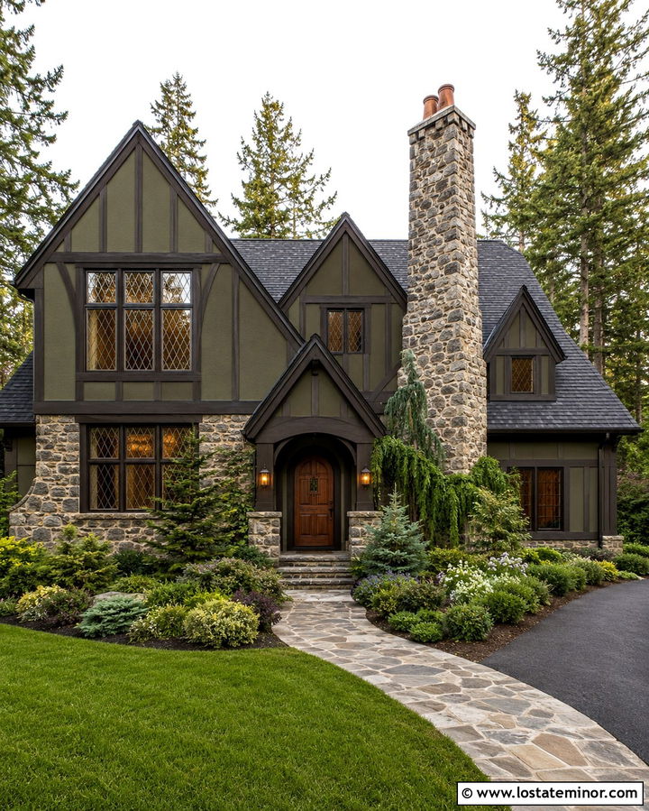 Olive Green Tudor With Stone Wainscoting - 30 Olive Green House Design With Wainscoting Ideas