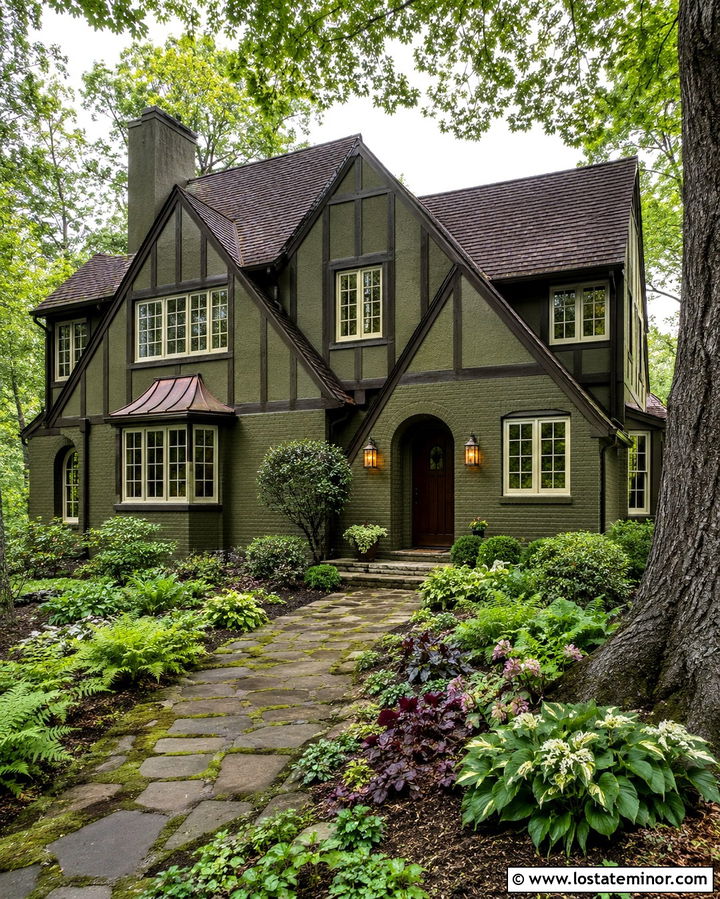 Olive Green Tudor With Woodland Landscaping - 30 Olive Green House Design With Landscaping Ideas