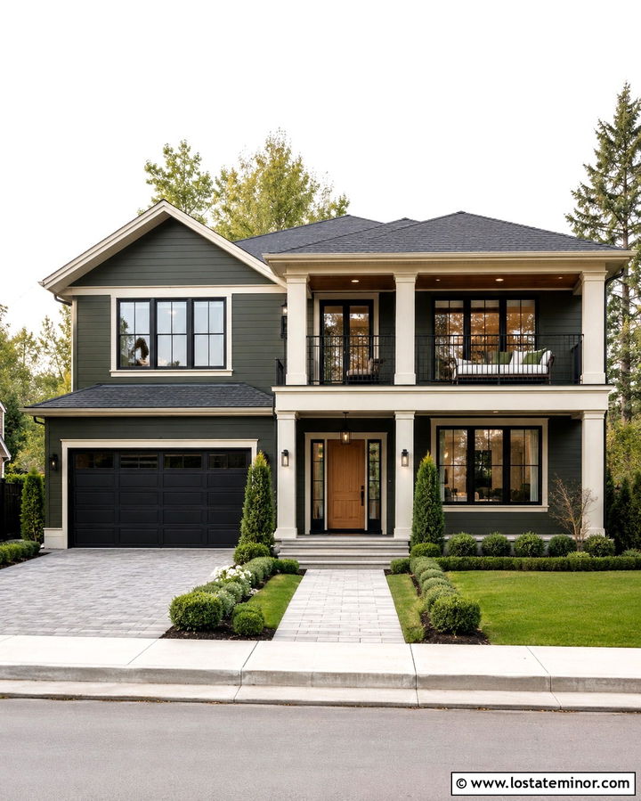 Olive Green Two Story House With Balcony Daybed - 30 Olive Green House Design With Daybed Ideas