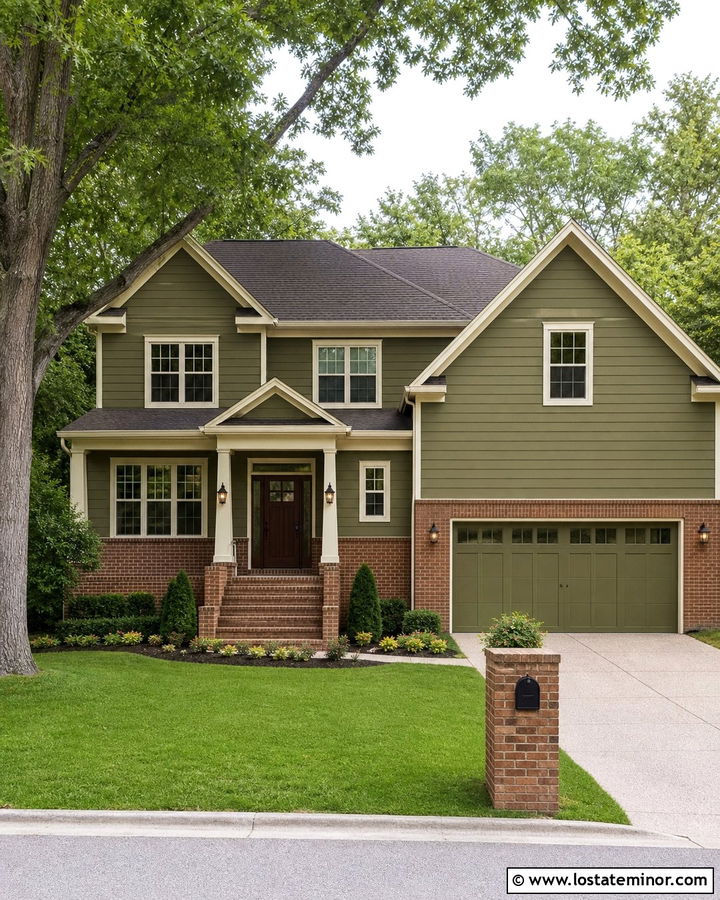 Olive Green Two Story House With Brick Skirt - 30 Olive Green House Design With Brick Accents Ideas