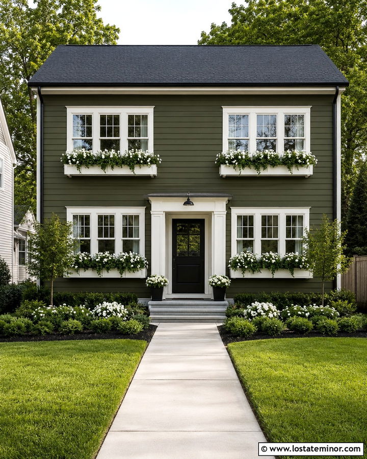 Olive Green Two Story House With Long Window Boxes - 30 Olive Green House Design With Window Boxes Ideas