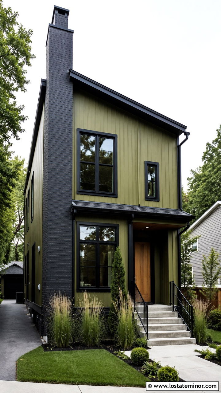Olive Green Urban House With Charcoal Brick Chimney - 30 Olive Green House Design With Chimney Ideas